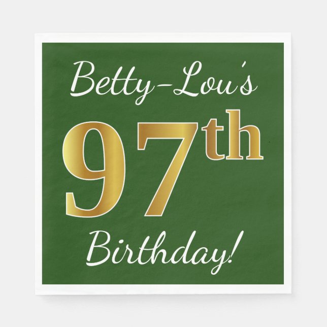 Green, Faux Gold 97th Birthday + Custom Name Napkins (Front)