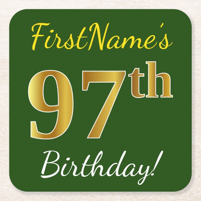 Green, Faux Gold 97th Birthday + Custom Name Square Paper Coaster (Front)