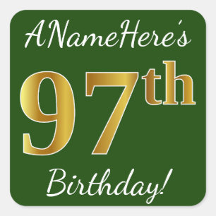 Green, Faux Gold 97th Birthday + Custom Name Square Sticker