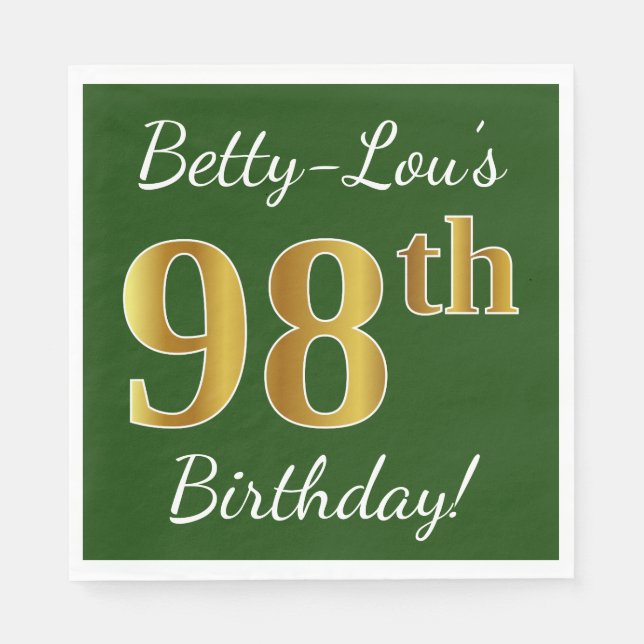 Green, Faux Gold 98th Birthday + Custom Name Paper Napkins (Front)