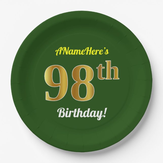 Green, Faux Gold 98th Birthday + Custom Name Paper Plates (Front)