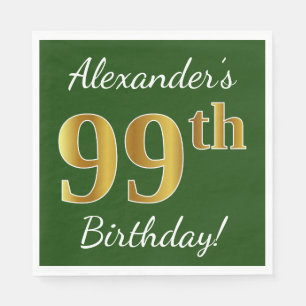 Green, Faux Gold 99th Birthday + Custom Name Napkins
