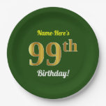 [ Thumbnail: Green, Faux Gold 99th Birthday + Custom Name Paper Plates ]