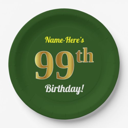 Green Faux Gold 99th Birthday  Custom Name Paper Plates