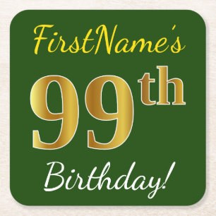 Green, Faux Gold 99th Birthday + Custom Name Square Paper Coaster