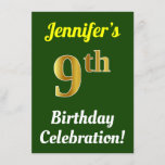 [ Thumbnail: Green, Faux Gold 9th Birthday Celebration + Name Invitation ]