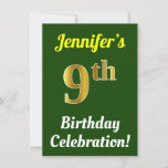 [ Thumbnail: Green, Faux Gold 9th Birthday Celebration + Name Invitation ]