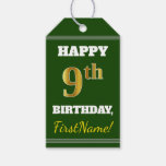 [ Thumbnail: Green, Faux Gold 9th Birthday + Custom Name Gift Tags ]