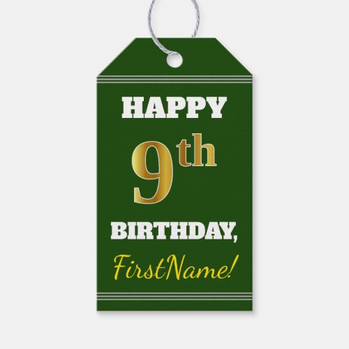 Green Faux Gold 9th Birthday  Custom Name Gift Tags