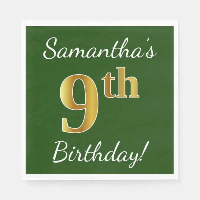Green, Faux Gold 9th Birthday + Custom Name Paper Napkins (Front)