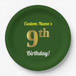 [ Thumbnail: Green, Faux Gold 9th Birthday + Custom Name Paper Plates ]