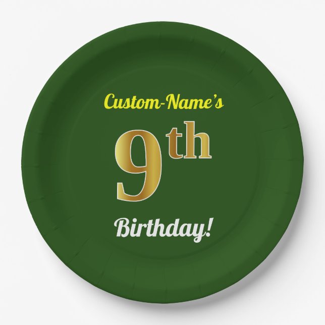 Green, Faux Gold 9th Birthday + Custom Name Paper Plates (Front)