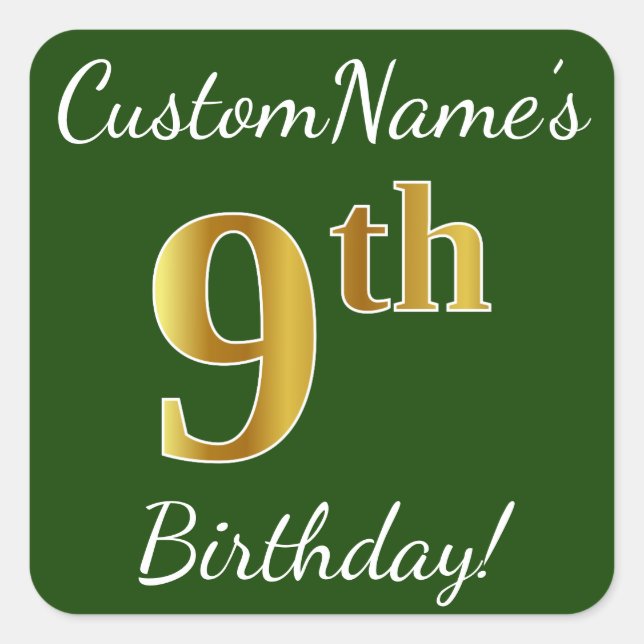 Green, Faux Gold 9th Birthday + Custom Name Square Sticker (Front)