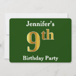 [ Thumbnail: Green, Faux Gold 9th Birthday Party + Custom Name Invitation ]