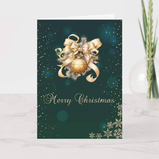 Green,Faux Gold Christmas Balls,Bow Snowflakes Holiday Card (Front)