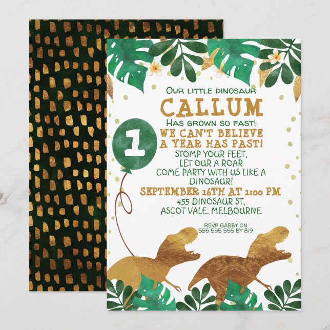 Green Faux Gold Foil Dinosaur Birthday Invitation (Front/Back)