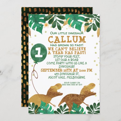 Green Faux Gold Foil Dinosaur Birthday Invitation