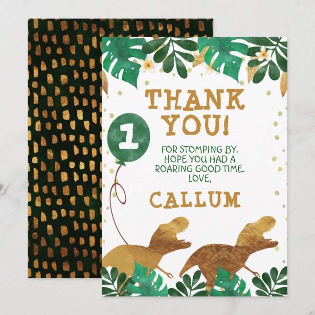 Green Faux Gold Foil Dinosaur Thank you card (Front/Back)