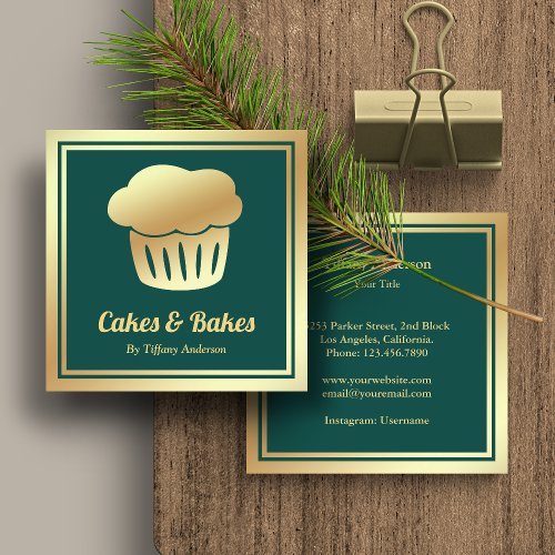 Green Faux Gold Foil Homemade Cupcake Bakery Square Business Card