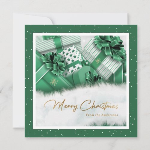 Green Faux Gold Foil Snow Gifts Christmas Cards