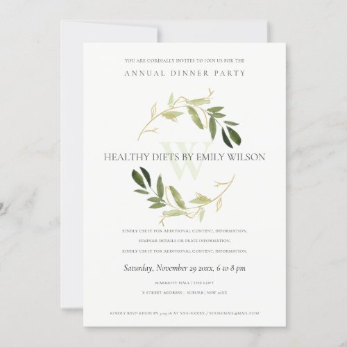 GREEN FAUX GOLD FOLIAGE WREATH DINNER PARTY INVITE