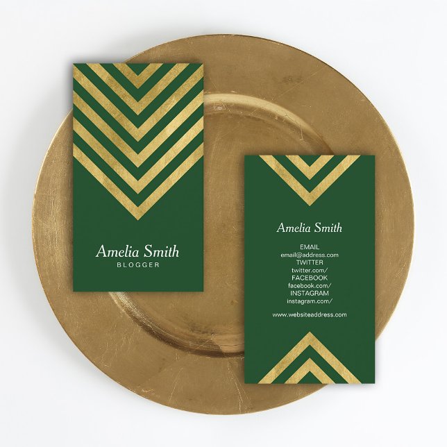 Green Faux Gold Geometric Blogger Social Media Business Card (Creator Uploaded)