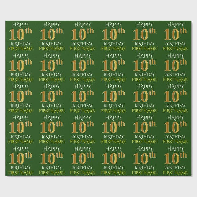 Green, Faux Gold "HAPPY 10th BIRTHDAY" Wrapping Paper (Flat)