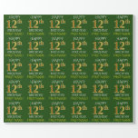 [ Thumbnail: Green, Faux Gold "Happy 12th Birthday" Wrapping Paper ]