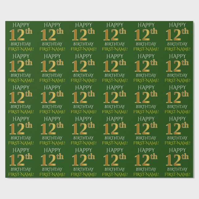 Green, Faux Gold "HAPPY 12th BIRTHDAY" Wrapping Paper (Flat)