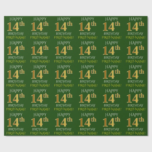 Green, Faux Gold "HAPPY 14th BIRTHDAY" Wrapping Paper (Flat)