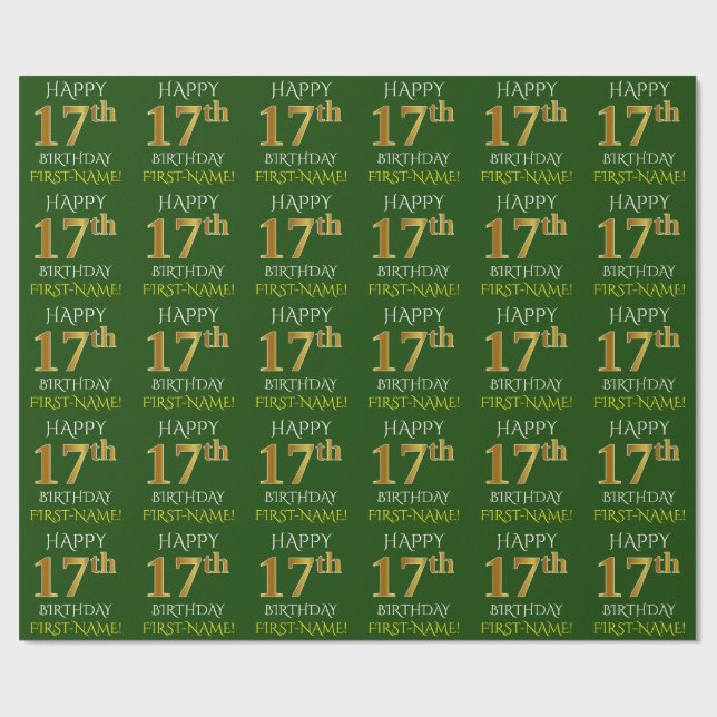 Green, Faux Gold "HAPPY 17th BIRTHDAY" Wrapping Paper (Flat)