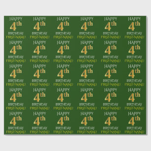 Green, Faux Gold "HAPPY 4th BIRTHDAY" Wrapping Paper