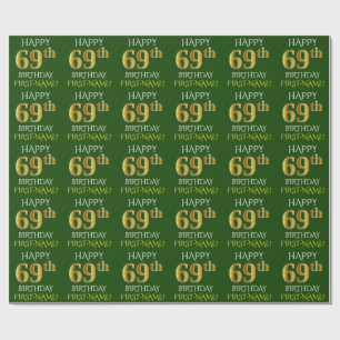 Green, Faux Gold "HAPPY 69th BIRTHDAY" Wrapping Paper