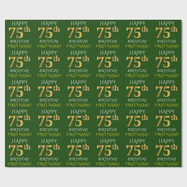 Green, Faux Gold "HAPPY 75th BIRTHDAY" Wrapping Paper (Flat)