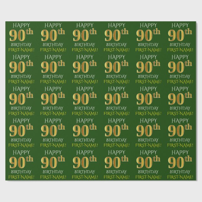 Green, Faux Gold "HAPPY 90th BIRTHDAY" Wrapping Paper (Flat)