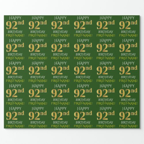 Green Faux Gold HAPPY 92nd BIRTHDAY Wrapping Paper