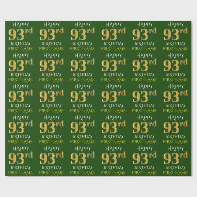 Green, Faux Gold "HAPPY 93rd BIRTHDAY" Wrapping Paper (Flat)