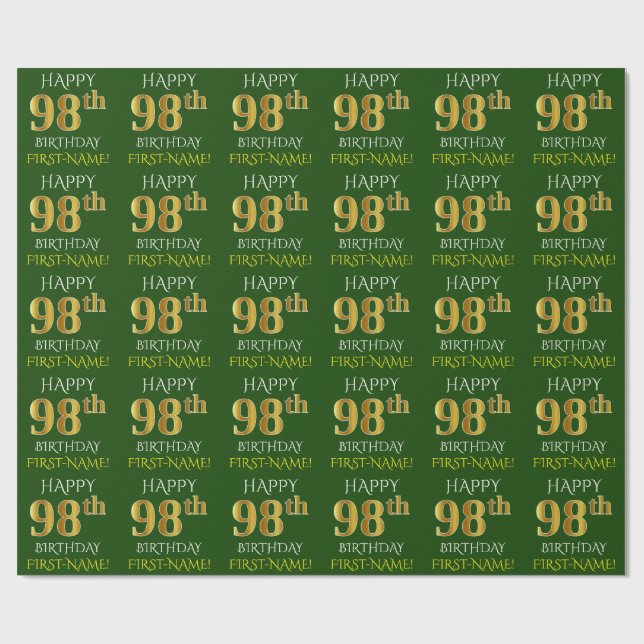 Green, Faux Gold "HAPPY 98th BIRTHDAY" Wrapping Paper (Flat)