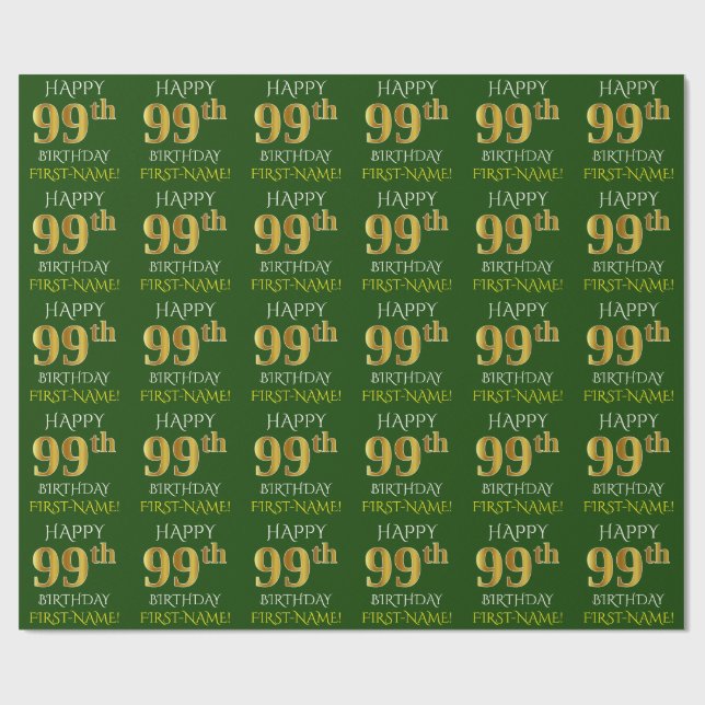 Green, Faux Gold "HAPPY 99th BIRTHDAY" Wrapping Paper (Flat)