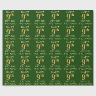 Green, Faux Gold "HAPPY 9th BIRTHDAY" Wrapping Paper