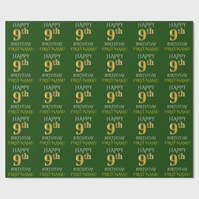 Green, Faux Gold "HAPPY 9th BIRTHDAY" Wrapping Paper (Flat)
