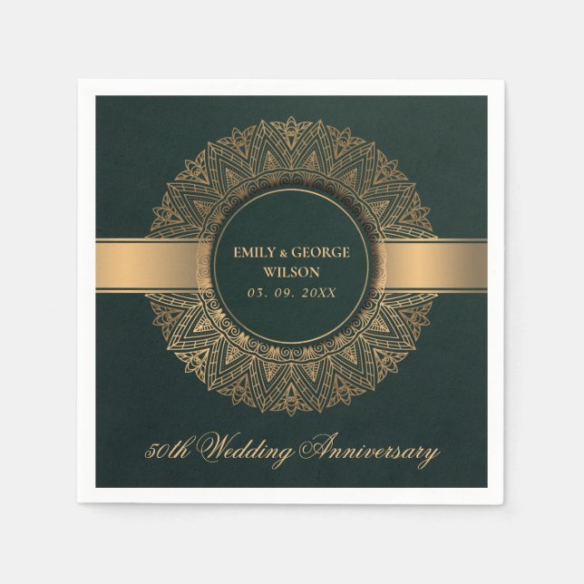 GREEN FAUX GOLD MANDALA ANY YEAR 50TH ANNIVERSARY NAPKINS (Front)