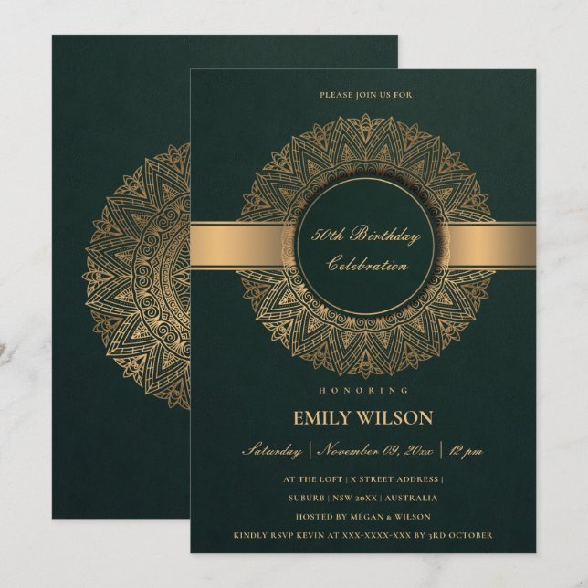 GREEN FAUX GOLD MANDALA ANY YEAR 50TH BIRTHDAY INVITATION (Front/Back)