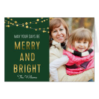 Green, Faux Gold Merry & Bright Lights Photo Card