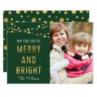 Green, Faux Gold Merry & Bright Lights Photo Card