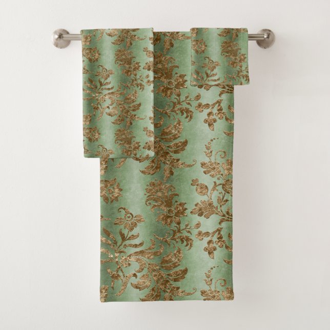 Green Faux Gold Velvet Elegant Bathroom Bath Towel Set (Insitu)
