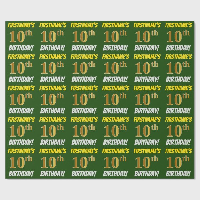 Green, Faux/Imitation Gold, "10th BIRTHDAY" Wrapping Paper (Flat)