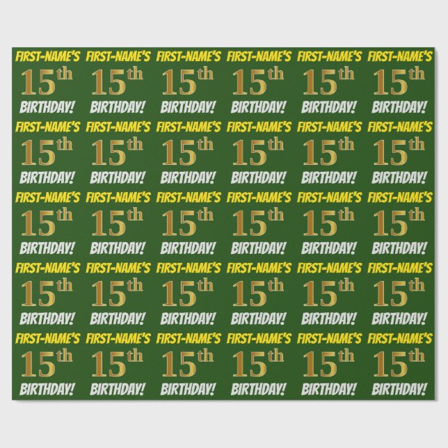 Green, Faux/Imitation Gold, "15th BIRTHDAY" Wrapping Paper (Flat)
