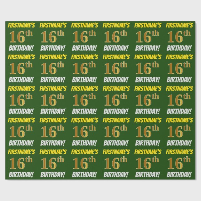 Green, Faux/Imitation Gold, "16th BIRTHDAY" Wrapping Paper (Flat)