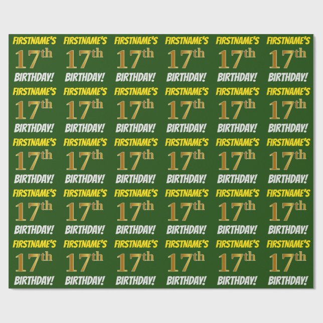 Green, Faux/Imitation Gold, "17th BIRTHDAY" Wrapping Paper (Flat)
